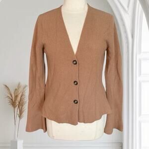 InCashmere Cardigan Ribbed Sweater Sz M Womens Camel V Neck Peplum Bell Sleeves